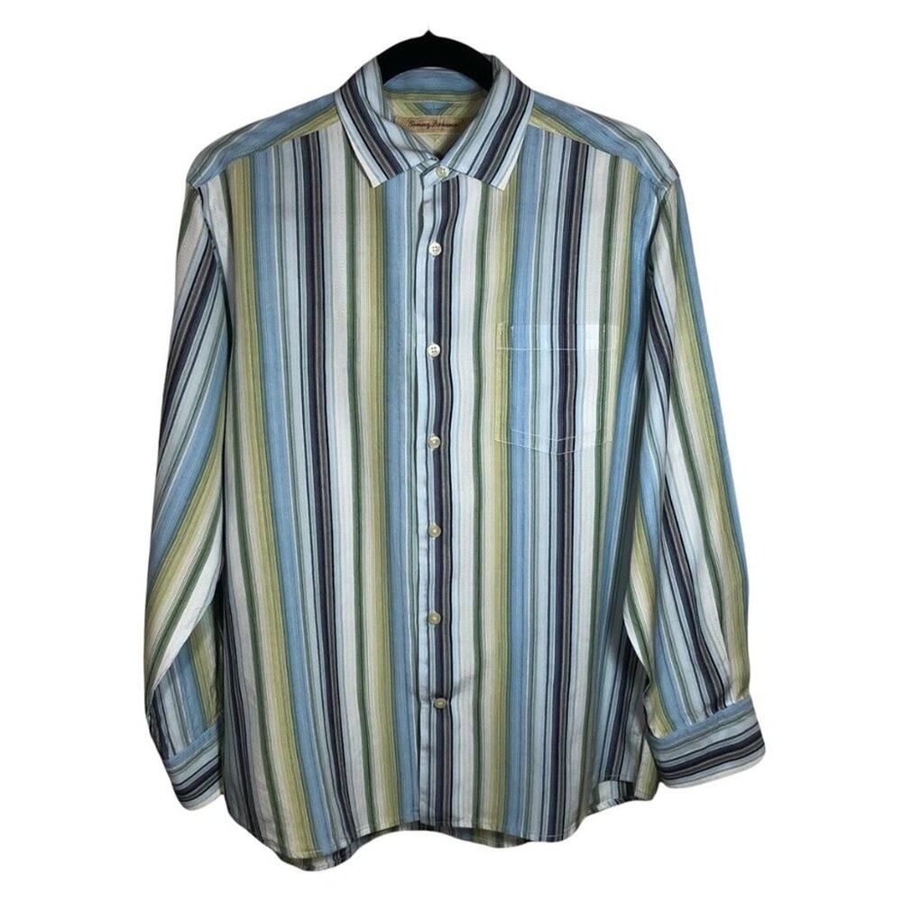 Tommy Bahama Mens Medium Striped Embroidered Button Up Dress Shirt Long Sleeves